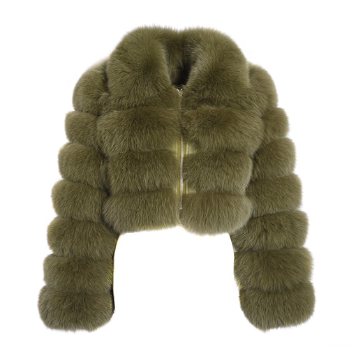 Women Real Fox Fur Collared Cropped Coat with Long Sleeves