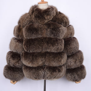 Lady Real Fox Fur Coat Short Jacket Coffee Frosted