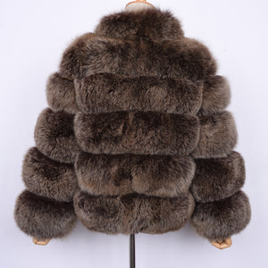 Lady Real Fox Fur Coat Short Jacket Coffee Frosted