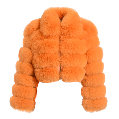 Women Real Fox Fur Collared Cropped Coat with Long Sleeves Orange