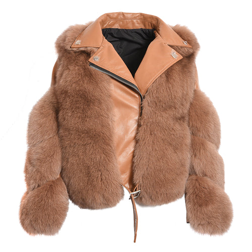 Women's Fashion Real Fox Fur Coat with Sheepskin Leather Short Jackets