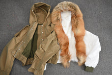 Load image into Gallery viewer, Winter Bomber Jacket with Red Fox Fur Trim and Linning Cropped Fur Coat