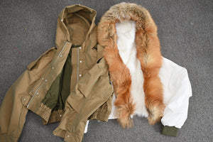 Winter Bomber Jacket with Red Fox Fur Trim and Linning Cropped Fur Coat