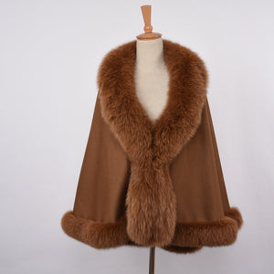 Women Real Fox Fur Poncho Cashmere Capes Winter Warm Fur Camel Cloak