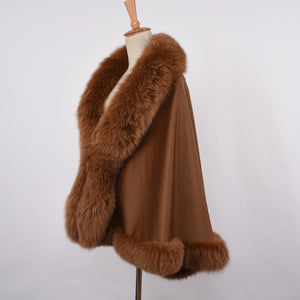 Women Real Fox Fur Poncho Cashmere Capes Winter Warm Fur Camel Cloak