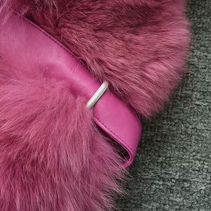 Women Real Fox Fur Vest Belt Luxury Fur Winter Waistcoat Rose Gilet