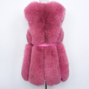 Women Real Fox Fur Vest Belt Luxury Fur Winter Waistcoat Rose Gilet