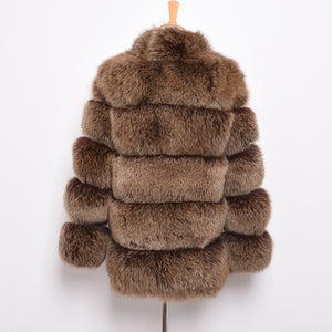 Real Fox Fur Coat Women Natural Fur Jacket Winter Thick Outerwear Coffee Frosted