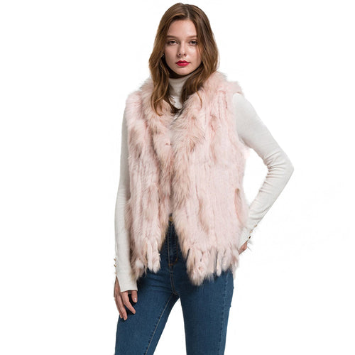 Women Fur Vests Real Rabbit Fur with Raccoon Fur Collar Gilet Winter Pink Waistcoat