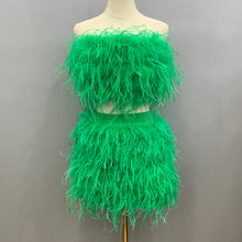 Load image into Gallery viewer, Women Ostrich Feather Top Dress Fur Skirt Bra Boa Set Summer Tube Top Dress Set