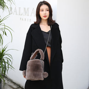 Women Real Rex Rabbit Fur Crossbody Handbags Fashion Plush Bucket Bags Cute Chain Shoulder Bag 8829