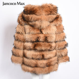Women Real Raccoon Fur Coat Women Hooded Fashion Long Jacket