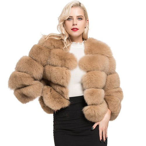 Women's Real Fox Fur Coats Winter Warm Crop Jacket Camel