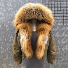 Load image into Gallery viewer, Winter Bomber Jacket with Red Fox Fur Trim and Linning Cropped Fur Coat