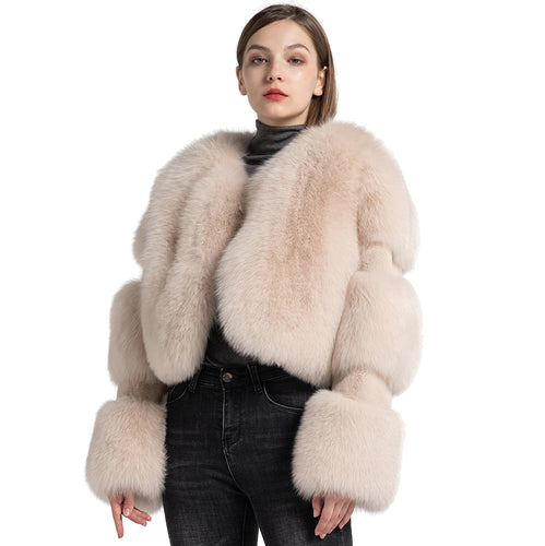 Women Real Fox Fur Coat Cropped Jacket