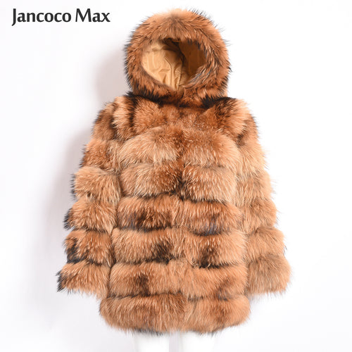 Women Real Raccoon Fur Coat Women Hooded Fashion Long Jacket