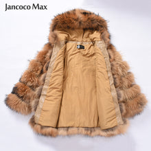 Load image into Gallery viewer, Women Real Raccoon Fur Coat Women Hooded Fashion Long Jacket