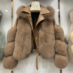 Women's Fashion Real Fox Fur Coat with Sheepskin Leather Short Jackets