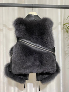 Women Real Fox Fur Vest Genuine Sheepskin Leather Gilets Luxury Waistcoat