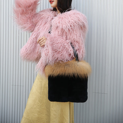 Lady Fashion Fur Bags New Arrivals Real Rex Rabbit Fox Fur Handbags Luxury Tote Bags 8827