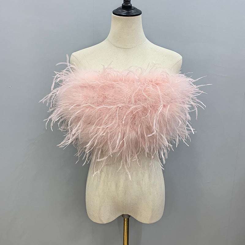 Women's Ostrich Feather Top Bandeau Tube Top Strapless Fur Bra