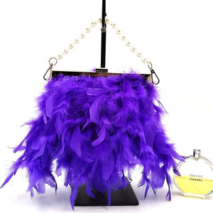Women Ostrich Feather Bag Pearl Chain Fluffy Clutch Bag Purse Shoulder Bag 4205