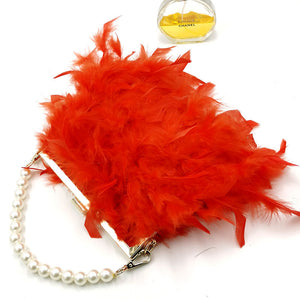 Women Ostrich Feather Bag Pearl Chain Fluffy Clutch Bag Purse Shoulder Bag 4205