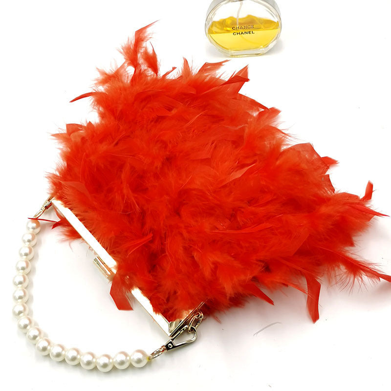 Women Ostrich Feather Bag Pearl Chain Fluffy Clutch Bag Purse Shoulder Bag 4205
