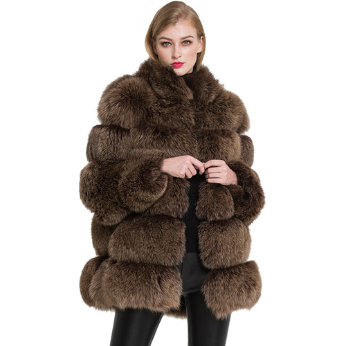 Real Fox Fur Coat Women Natural Fur Jacket Winter Thick Outerwear Coffee Frosted