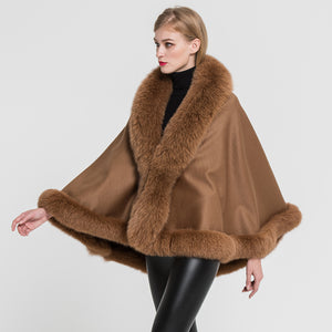 Women Real Fox Fur Poncho Cashmere Capes Winter Warm Fur Camel Cloak