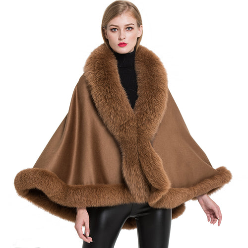 Women Real Fox Fur Poncho Cashmere Capes Winter Warm Fur Camel Cloak