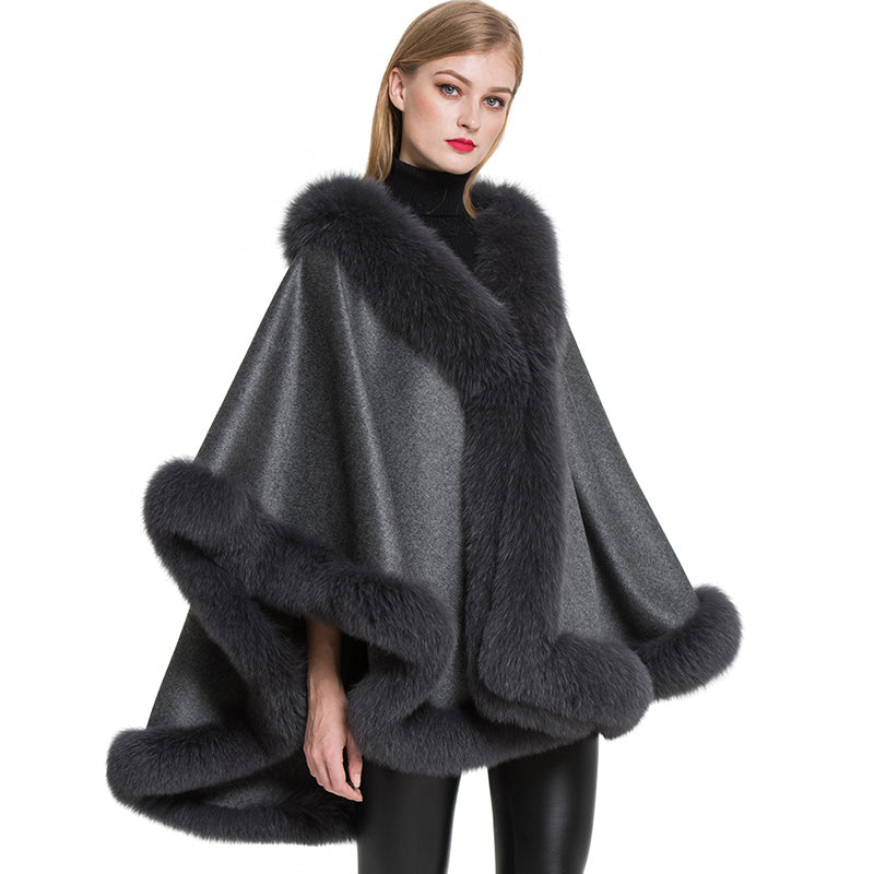 Women 100% Real Cashmere & Fox Fur Poncho  Autumn Winter Dark Grey Capes