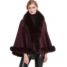 Load image into Gallery viewer, Women Real Fox Fur Poncho Cashmere Capes Winter Wine Red Cloak