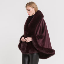 Load image into Gallery viewer, Women Real Fox Fur Poncho Cashmere Capes Winter Wine Red Cloak
