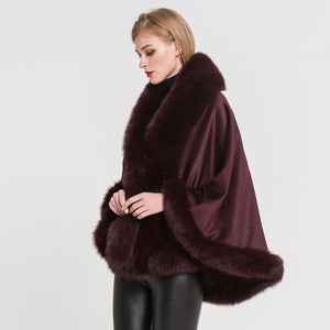 Women Real Fox Fur Poncho Cashmere Capes Winter Wine Red Cloak