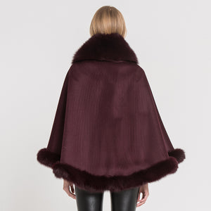 Women Real Fox Fur Poncho Cashmere Capes Winter Wine Red Cloak