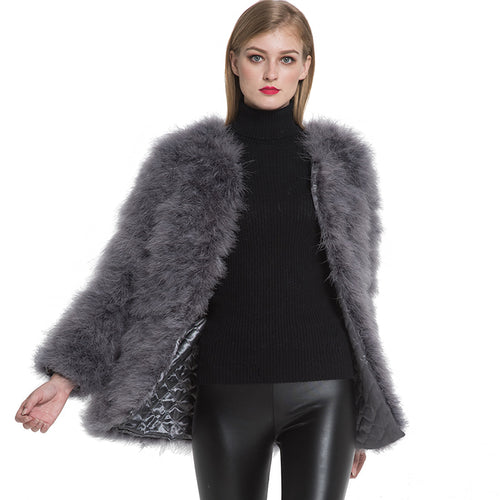 Women Real Fur Coat Long Style Genuine Ostrich Feather Fur Winter Dark Grey Jacket