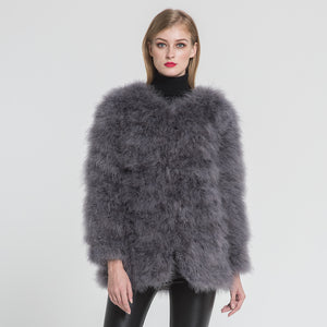 Women Real Fur Coat Long Style Genuine Ostrich Feather Fur Winter Dark Grey Jacket