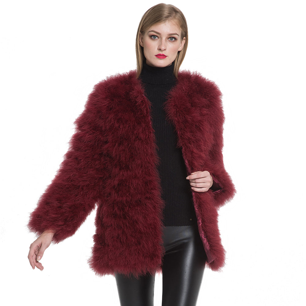 Women Real Fur Coat Long Style Genuine Ostrich Feather Fur Jacket Wine –  Jancoco Max Official Store