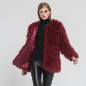 Women Real Fur Coat Long Style Genuine Ostrich Feather Fur Jacket Wine Red