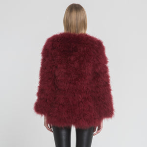 Women Real Fur Coat Long Style Genuine Ostrich Feather Fur Jacket Wine Red
