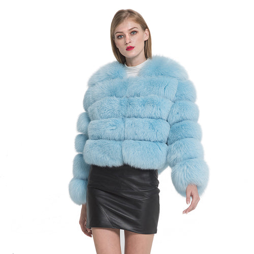 Women Real Fox Fur Full Sleeves Coat Winter Saga Fur Jacket Light Blue Outerwear