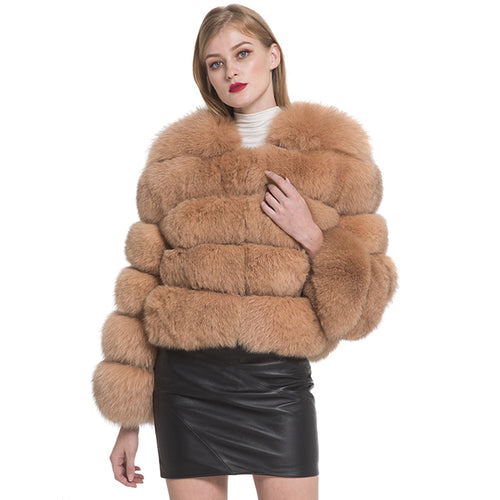 Women Real Fox Fur Coat Winter Saga Fur Full Sleeves Jacket Camel Outerwear