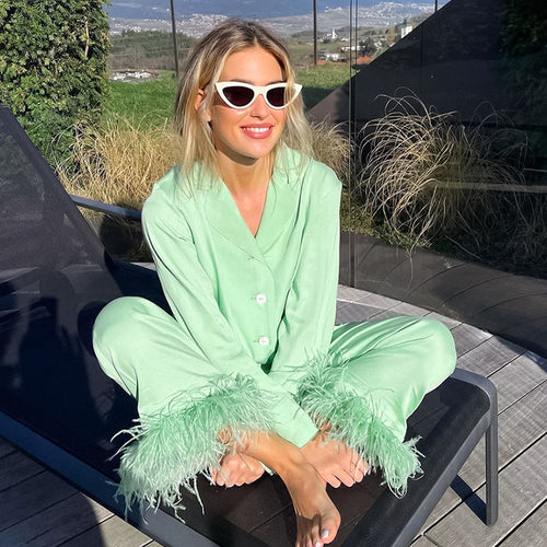 Women Pajamas Set 2 Piece Full Sleeve Trouser Nightwear Cozy Green Pajamas