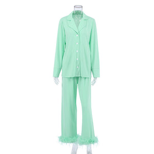 Women Pajamas Set 2 Piece Full Sleeve Trouser Nightwear Cozy Green Pajamas