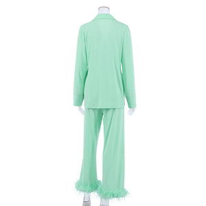 Women Pajamas Set 2 Piece Full Sleeve Trouser Nightwear Cozy Green Pajamas