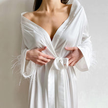 Load image into Gallery viewer, Women Long Pajamas Dress Bathrobe Satin Ostrich Fur Cuffs Loungewear Night
