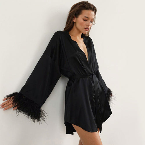 Women Short Pajamas Bathrobe Satin Cuffs Ostrich Fur Night Wear Loungewear