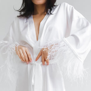 Women Short Pajamas Bathrobe Satin Cuffs Ostrich Fur Night Wear Loungewear