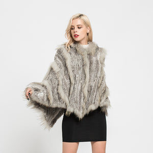 Real Rabbit & Raccoon Fur Knitted Poncho Women's Shawls Winter Cape Cap Natural Grey